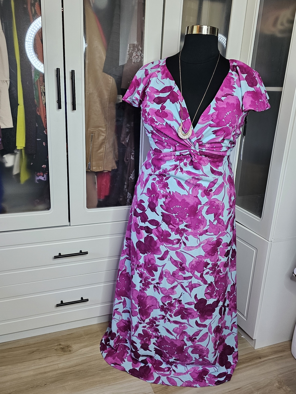 Kensie Pink Floral Twist-Front Maxi Dress on Blue